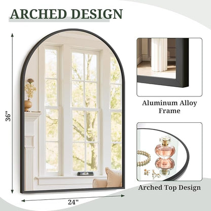 Arched Wall Mirror 36x24 Inch Black Bathroom Vanity Mirror with Metal Frame | Modern Arch Mirror for Bedroom, Living Room, Entryway, Wall Mounted Decorative Mirror