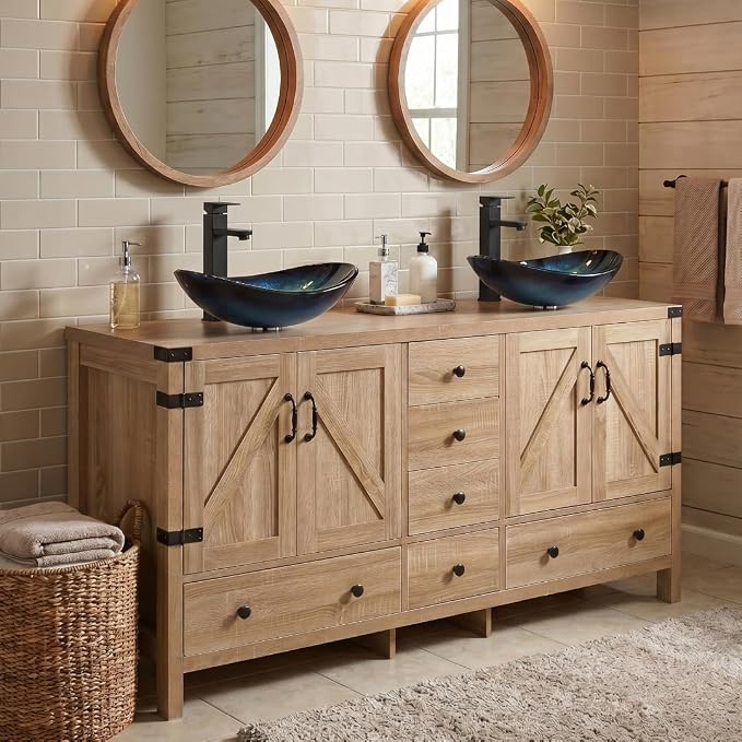 60 inch Natural Color Bathroom Vanity, Rustic Fixture Standing Pedestal Cabinet with Two Blue Boat Vessel Sinks