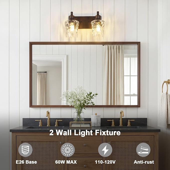 Bathroom Light Fixtures Farmhouse Oil Rubbed Bronze Vanity Lights for Bathroom Lighting Fixtures Over Mirror with Hammered Glass Lampshade for Cabinet Mirror Bedroom Hallway 2 Light