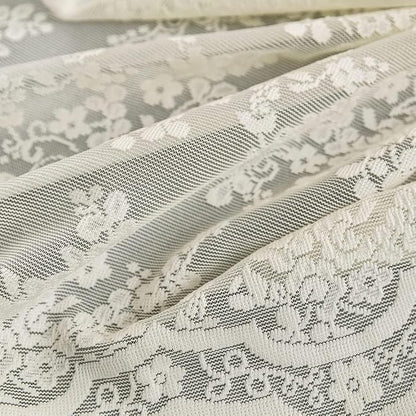 Ivory Lace Stall Shower Curtain 36x72, Stand-Up Style with Attached Valance | Standing Shower Curtain with Floral Lace and Scalloped trim, Filters Soft Light for Vintage Shabby Chic Small Bathrooms
