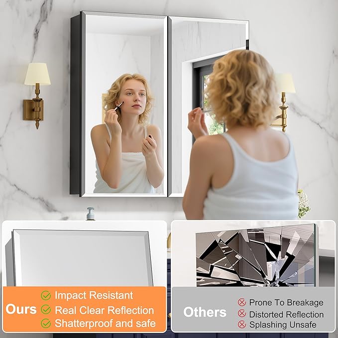 30x30 Inch Medicine Cabinet with Mirror, Aluminum Bathroom Mirror Cabinet, Beveled Edge Mirrored Double Door, Adjustable Shelves, Surface or Recessed Mount Mirrors with Storage,Black