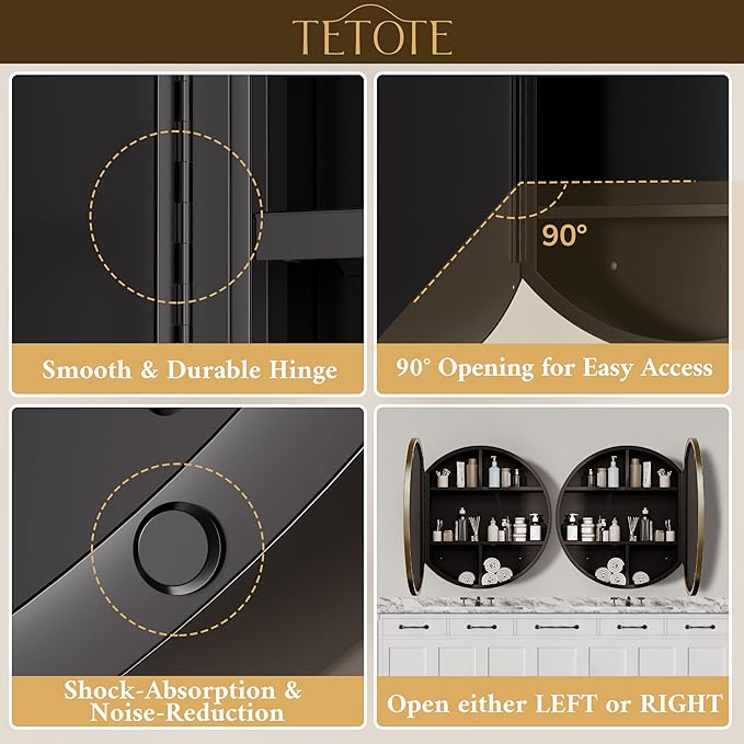 TETOTE Gold Medicine Cabinet with Mirror Round Medicine Cabinets 20 x 20 for Bathroom Modern Bathroom Organizer with Shelves Adjustable Shelves Wall Mounted