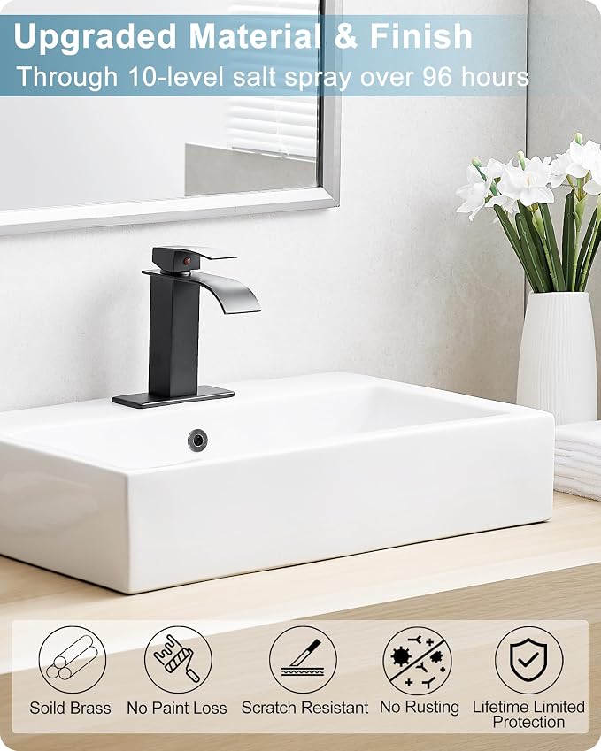 Matte Black Bathroom Faucet 1 Hole or 3 Hole (4 Inch), Brass Waterfall Faucet for Bathroom Sink, Modern Bathroom Faucets Single Handle with Deck Plate & Pop-up Drain Supply Hoses No Noise