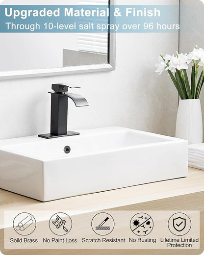 Matte Black Bathroom Faucet 1 Hole or 3 Hole (4 Inch), Brass Waterfall Faucet for Bathroom Sink, Modern Bathroom Faucets Single Handle with Deck Plate & Pop-up Drain Supply Hoses No Noise