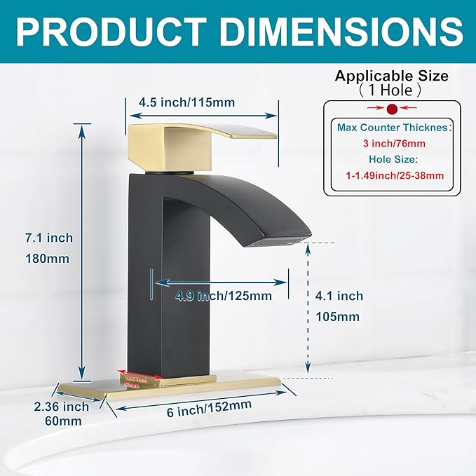 Single Hole Bathroom Faucet, Single Handle Bathroom Sink Faucet with cUPC Supply Hose and Pop Up Stopper, Black and Gold Faucet with 6 inch Deck Plate JU-BS100-BKG