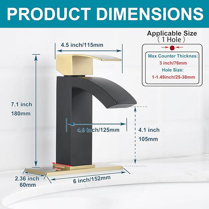 Single Hole Bathroom Faucet, Single Handle Bathroom Sink Faucet with cUPC Supply Hose and Pop Up Stopper, Black and Gold Faucet with 6 inch Deck Plate JU-BS100-BKG