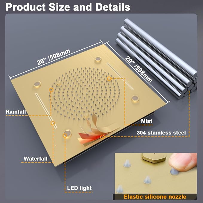 Enga Luxury Dual Shower Head System with Body Jets LED Thermostatic Shower System with 6 inch Wall Shower, 20-Inch 3 Function Shower Head (Rainfall & Mist & Waterfall), Brushed Gold