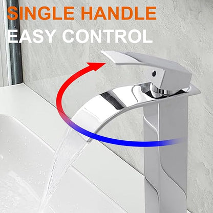 Chrome Bathroom Vessel Sink Faucet, Waterfall Type Spout Tall Body High 1 Hole Single Handle with Pop Up Drain Combo Parts Vanity Mixer Tap Commercial Basin Bowl Sink