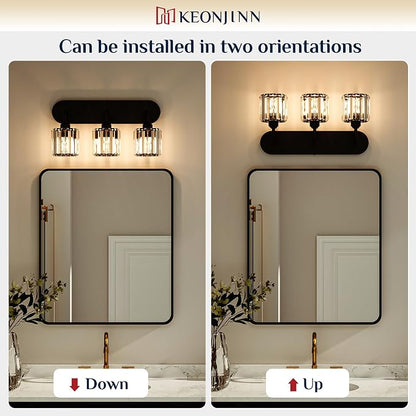 Keonjinn 3-Light Bathroom Light Fixtures Over Mirror, Crystal Black | Vanity Lighting Fixture with Crystal Square Shades, Dimmable, Modern Style, Compatible with E26 Base LED Bulbs (Exclude Bulb)