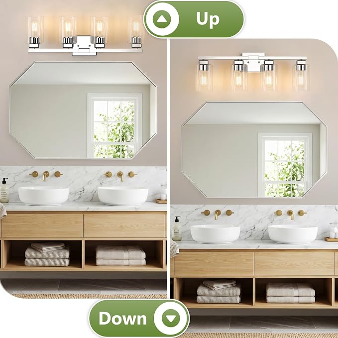 27” Bathroom Light Fixtures, 4-Light Vanity Light Chrome | Square Clear Glass & Durable Metal, Quick & Easy Installation, Standard E26 Socket, Bright Bathroom Lighting