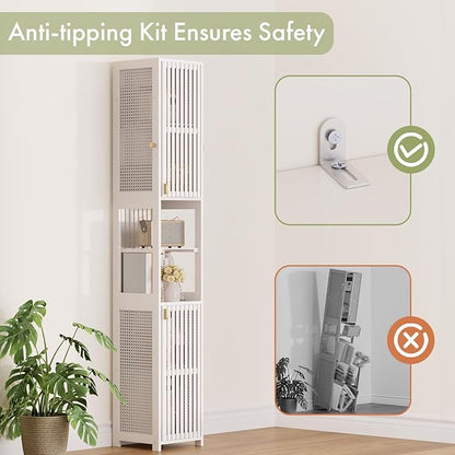 Amazer 70'' Tall Bathroom Storage Cabinet Bamboo, Slim Storage Cabinet with Rattan Door and Adjustable Shelves, Narrow Freestanding Organizer for Living Room Kitchen, White