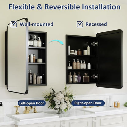 Medicine Cabinet Mirror 24x30 Inch, Black Bathroom Mirror Cabinet with Stepless Adjustable Shelves, Rounded Rectangle Metal Framed, Bathroom Mirror with Storage Recessed or Wall Mount