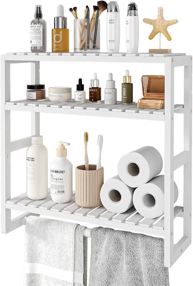Galood Over The Toilet Storage Bathroom Shelves Wall Mounted 3 Tier White | Space Saver Corner Shelf Organizer Bamboo Towel Rack Toilet Paper Cabinet with Hanging Rod
