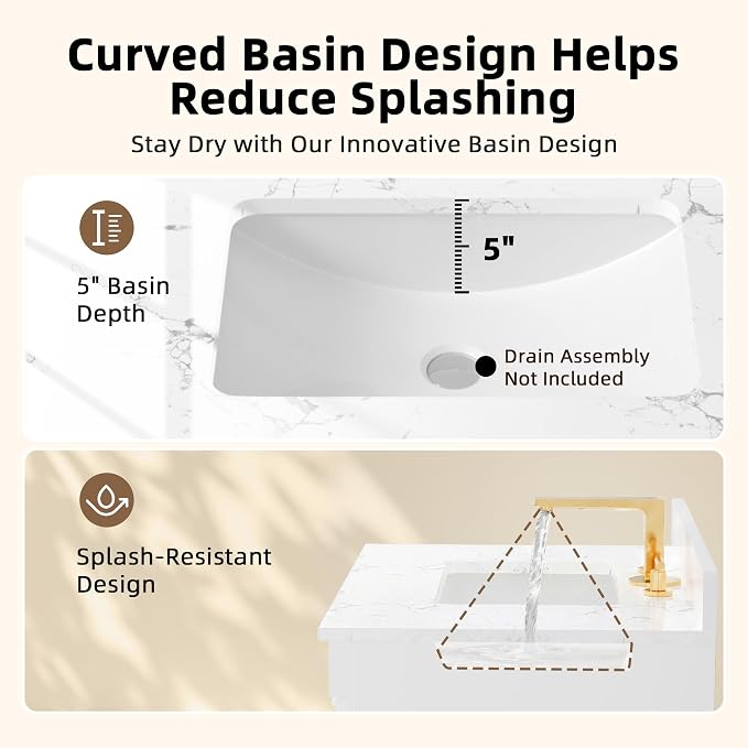 YESHOMY 30" Bathroom Vanity with Sink, Marble-Look Countertop, White | Freestanding Storage Cabinet with Ceramic Basin, Tilt-Out Drawer and Additional Drawers for Bathroom