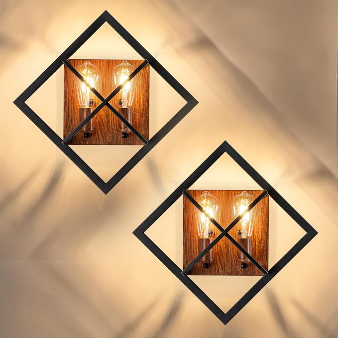 Farmhouse Wall Sconce, Black Wood, 2-Pack | Rustic Indoor Wall Light, 17.8 Inch, E26 Base, Hardwired, for Stairway, Living Room, Bedroom, Bathroom