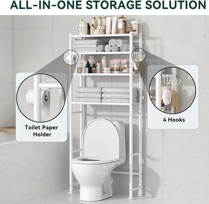 GloTika 4-Tier Over The Toilet Storage Shelves, White | 200lb Total Capacity, Metal Bathroom Organizer with 36" Clearance, Includes Paper Holder & 4 Hooks, Suit for Small Space