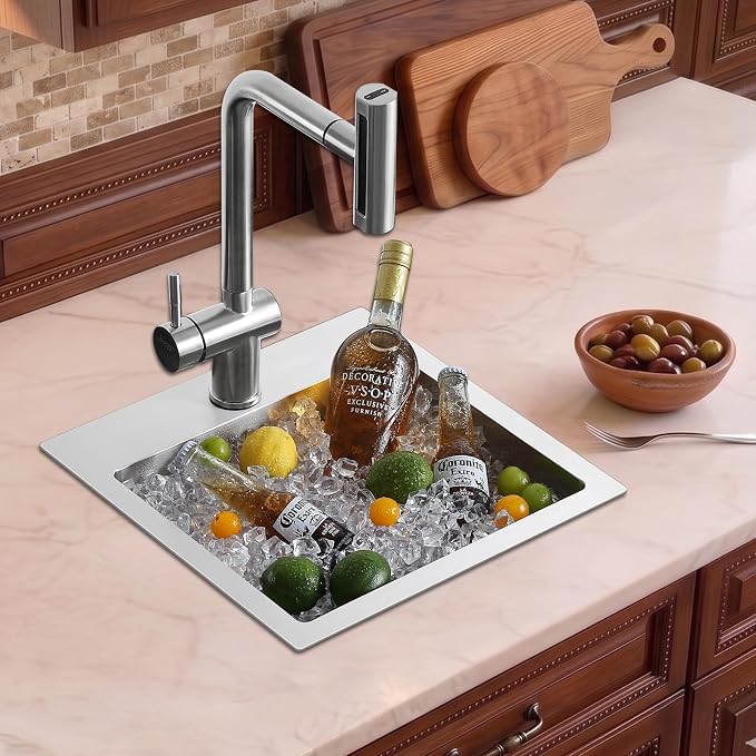 15 x 15 inch Bar Sink | Drop-in, R10 Tight Radius,304 Stainless Steel, Topmount Kitchen Sink Single Bowl, Brushed