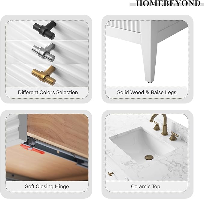 HOMEBEYOND 48" Bathroom Vanity with Sink, Solid Wood Bathroom Vanity Free-Standing Cabinet, Drawers, Ceramic Top & Soft Closing Door, Golden Brushed Handware, White