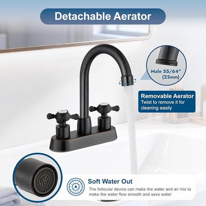 Oil Rubbed Bronze 4 Inch Centerset Bathroom Faucet, Vintage Bathroom Faucet | Lead-Free SUS304 Stainless Steel 4-Inch Vanity Faucet for 2 or 3-Hole Sinks, Cross Handle Design with 360° Swivel Spout