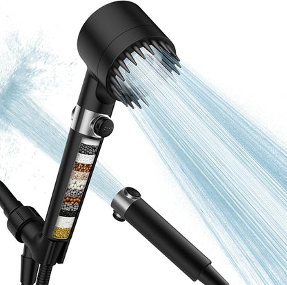 Filtered Shower Head with Handheld,High Pressure Shower Heads with Filters | ON/OFF Switch,4 Spray,Built-in Power Wash,Detachable Showerhead,Silicone Massage Brush,Balck,Water Softener