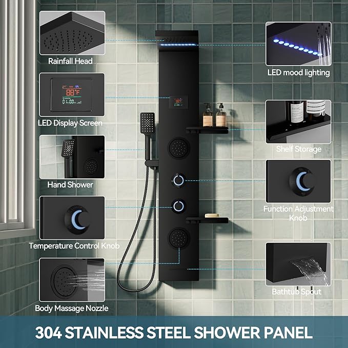 5 in 1 Black Shower Panel Tower System With Storage Shelf, 304 Stainless Steel Shower Tower with Rainfall Shower Handheld and Tub Spout, Powerful Body Jets, Wall-Mounted Shower Set
