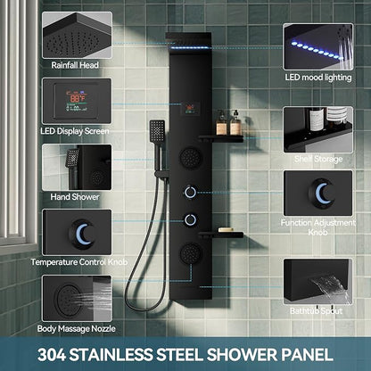5 in 1 Black Shower Panel Tower System With Storage Shelf, 304 Stainless Steel Shower Tower with Rainfall Shower Handheld and Tub Spout, Powerful Body Jets, Wall-Mounted Shower Set