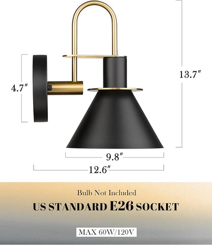 Black Wall Sconce, HWH Industrial Indoor Wall Light Fixture, Single Wall Vanity Light Brass Barn Wall Sconce Lamp for Bedroom Kitchen, Black and Gold Finish, 5HZG56B-L BK+BG