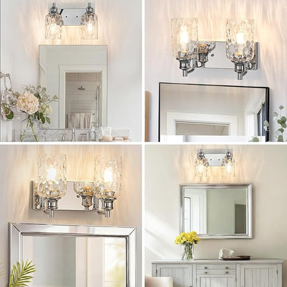 Bathroom Light Fixtures Over Mirror, 2 Lights Vanity Lights with Hammered Glass Shade, 12.7" Chrome Farmhouse Bathroom Light Fixtures for Bedroom, Porch, Hotel, Mirror Cabinet