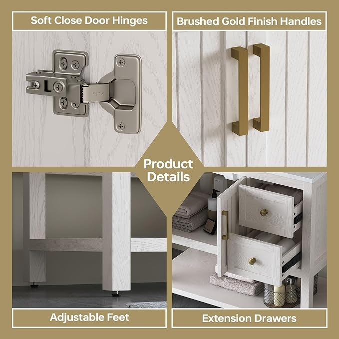 36 Inch Bathroom Vanity with Sink, White | Modern Vanity with gold hardware, integrated SMC sink, 2 drawers, open shelf storage, soft-close doors and adjustable feet
