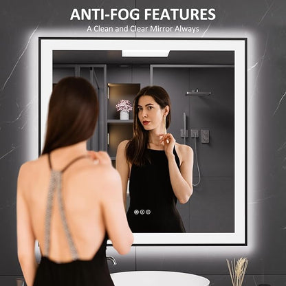 LOAAO 32"X32" LED Bathroom Mirror Black Framed | Anti-Fog, Dimmable, Memory Function, Tempered Glass, Lighted Vanity Mirror for Wall