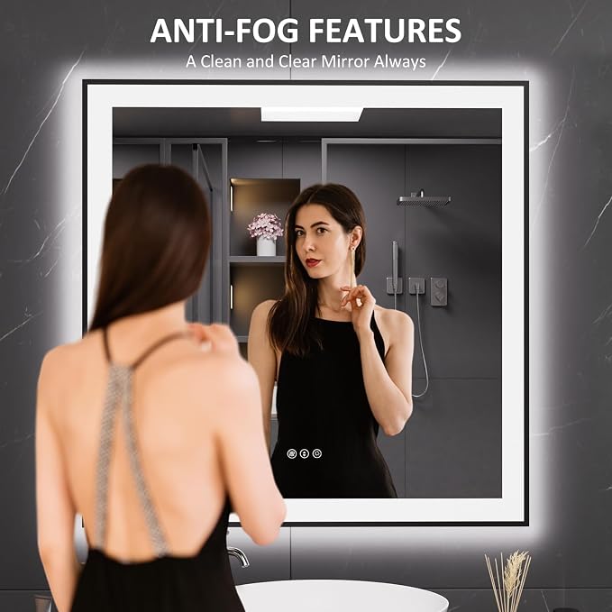 LOAAO 38"X38" LED Bathroom Mirror Black Framed | Anti-Fog, Dimmable, Memory Function, Tempered Glass, Lighted Vanity Mirror for Wall