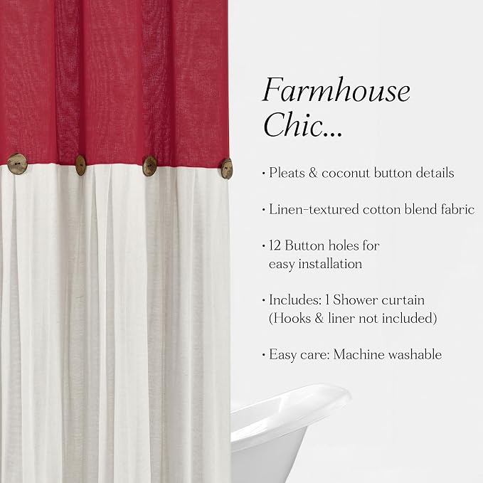 Lush Decor Linen Button Shower Curtain, 72" W x 72" L, Red & Off White - Red Bathroom Curtain - Fabric Shower Curtains - Farmhouse Bathroom Decor