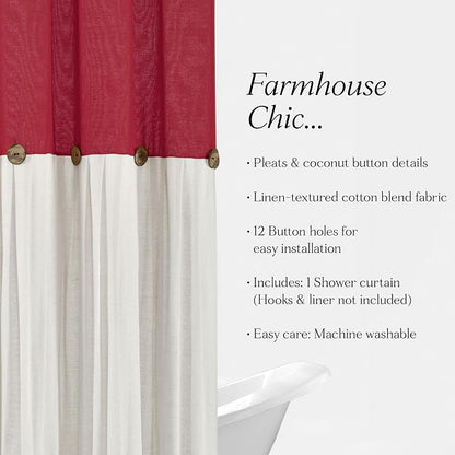 Lush Decor Linen Button Shower Curtain, 72" W x 72" L, Red & Off White - Red Bathroom Curtain - Fabric Shower Curtains - Farmhouse Bathroom Decor