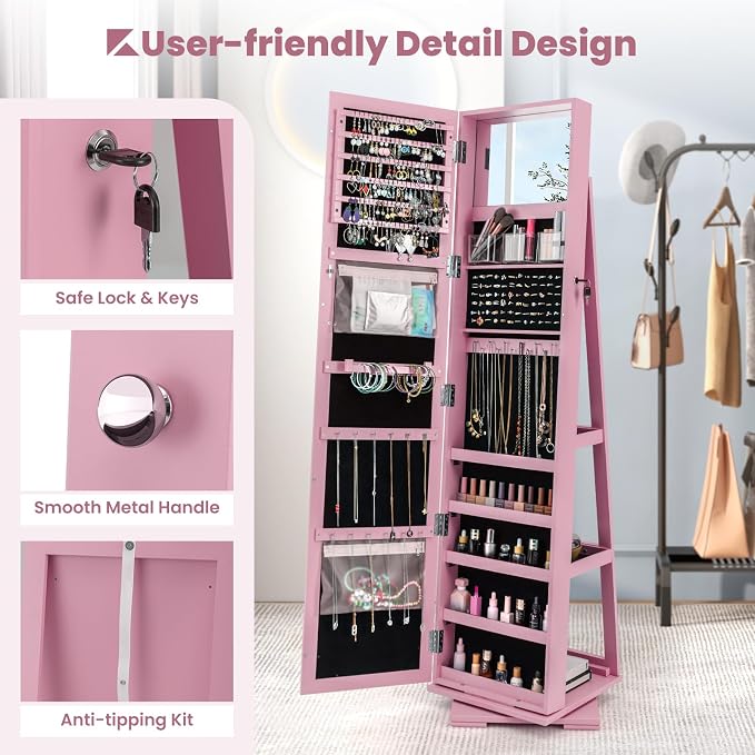 COSTWAY 360 Rotating Jewelry Armoire Cabinet, Standing Jewelry Organizer w/Full-Length Mirror & Large Storage Space, Lockable Mirror Jewelry Cabinet for Girls Women (Pink)