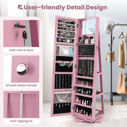 COSTWAY 360 Rotating Jewelry Armoire Cabinet, Standing Jewelry Organizer w/Full-Length Mirror & Large Storage Space, Lockable Mirror Jewelry Cabinet for Girls Women (Pink)