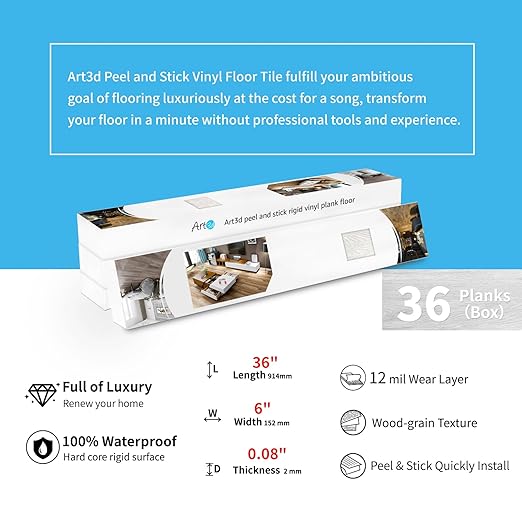 Art3d 36-Pack Wood Texture Peel and Stick Vinyl Flooring Tiles, Grey Ash | 18 & 54 sq.ft Options, Rigid Surface Hard Core, Waterproof, Self-Adhesive, Impact Resistant, Fit Indoor Household Spaces