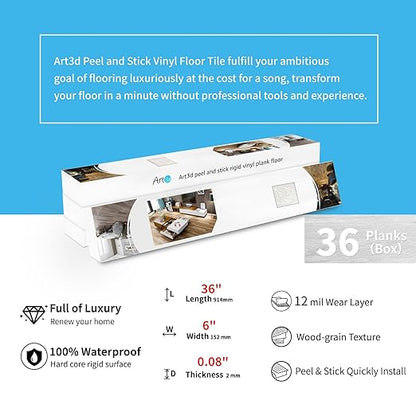 Art3d 36-Pack Wood Texture Peel and Stick Vinyl Flooring Tiles, Grey Ash | 18 & 54 sq.ft Options, Rigid Surface Hard Core, Waterproof, Self-Adhesive, Impact Resistant, Fit Indoor Household Spaces