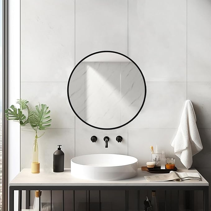 18 inch Round Mirror, Small Circle Mirror, Matte Black Metal Frame | Durable, Rust-resistant, No Distortion Mirror, Easy Installation, Suitable for Vanity, Nursery, Bedroom, Bathroom