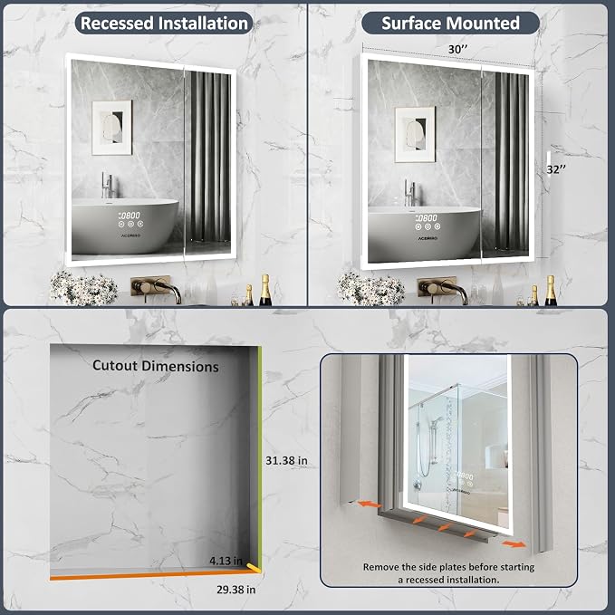ACEMIRO 30"×32" Lighted Medicine Cabinet Mirror, Recessed Bathroom Mirror Cabinet with Lights, Defogger, Dimmer, Clock, Built-in Outlet & USB Ports, Wall-Mounted LED Bathroom Mirror, Double Door