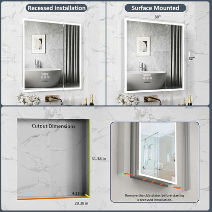ACEMIRO 30"×32" Lighted Medicine Cabinet Mirror, Recessed Bathroom Mirror Cabinet with Lights, Defogger, Dimmer, Clock, Built-in Outlet & USB Ports, Wall-Mounted LED Bathroom Mirror, Double Door