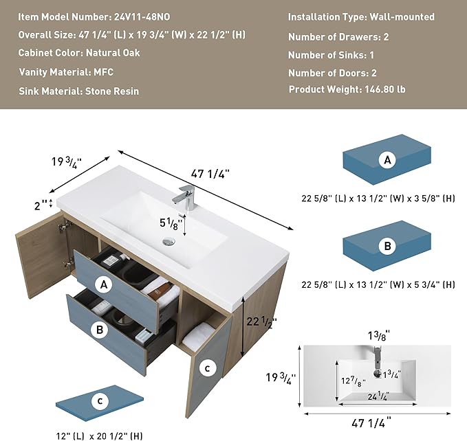 48 Inch Floating Bathroom Vanity with Single Sink, Modern Wall-Mounted Bathroom Vanity Storage Cabinet Organizer with 2 Soft Closing Doors and 2 Drawers (Natural Oak)