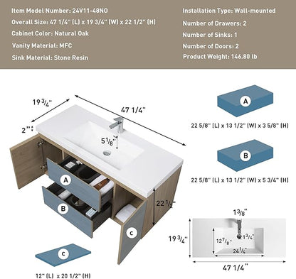 48 Inch Floating Bathroom Vanity with Single Sink, Modern Wall-Mounted Bathroom Vanity Storage Cabinet Organizer with 2 Soft Closing Doors and 2 Drawers (Natural Oak)