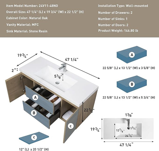 48 Inch Floating Bathroom Vanity with Single Sink, Modern Wall-Mounted Bathroom Vanity Storage Cabinet Organizer with 2 Soft Closing Doors and 2 Drawers (Natural Oak)