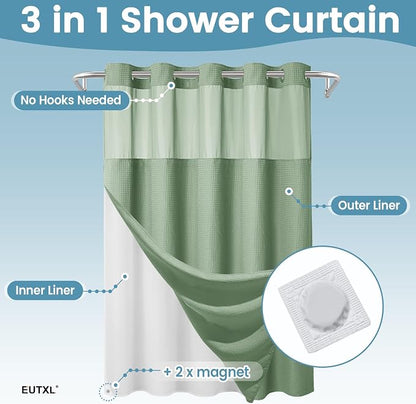 EUTXL Heavyweight No Hook Shower Curtain with Liner, Sage Green,71x86 | Snap in Liner, 256GSM Thick Waffle Fabric, Hotel Luxury Spa, Corner Magnets, Quick Dry, Waterproof & Washable, Extra Long