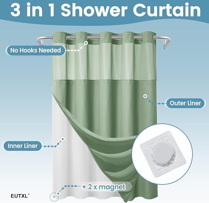 Heavyweight Waffle No Hook Shower Curtain with Liner, 71x74, Sage Green | Snap in Liner, 256GSM, Thick, Hotel Luxury Spa, Waterproof Fabric, Corner Magnets, 3 in 1 Set, Washable, Hang in Seconds