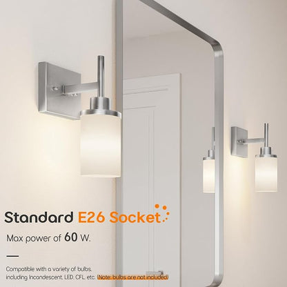 Bathroom Light Fixtures Brushed Nickel Vanity Lights with White Frosted Glass Shade, Wall Lamp for Mirror Kitchen Bedroom Living Room Porch T001BR-L1
