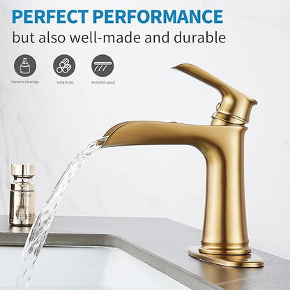 Brushed Gold Bathroom Sink Faucet, Sanliv Single Handle Waterfall Bathroom Faucet with Pop-Up Drain & Deck Plate for 1 or 3-Hole (4 inch) Modern Brass Vanity Faucets, Champagne Bronze