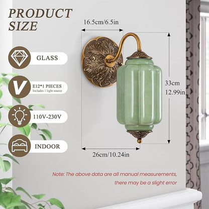 Vintage Gold Milk Glass Wall Sconce - Vintage Green Shade & Brass Finish Base - Indoor Hardwired Wall Lighting Fixture for Living Room, Bedroom, Hallway, Entryway (Bulbs Included)- Green