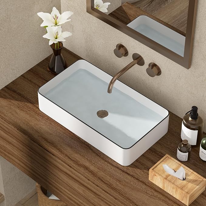 Bathroom Vessel Sink 24x14 inch Above Counter Rectangular White Ceramic Countertop Vessel Sink for Cabinet Lavatory Vanity 24" x 14"