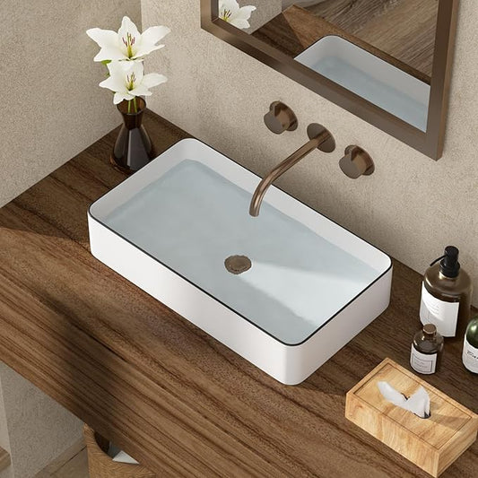 Bathroom Vessel Sink 24x14 inch Above Counter Rectangular White Ceramic Countertop Vessel Sink for Cabinet Lavatory Vanity 24" x 14"